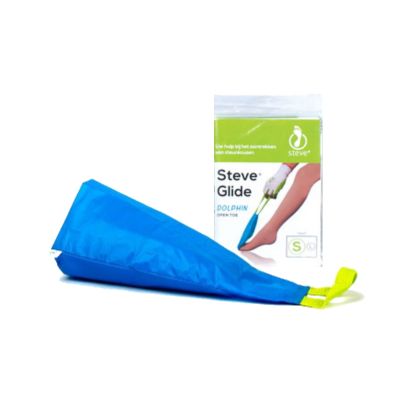 Kompressionsstrumpf Anziehhilfe Steve Glide Dolphin aus blauem Stoff mit einer grünen Schlaufe als Griff neben der Verpackung mit Farbfoto darauf